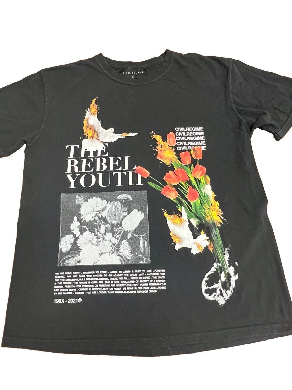 CIVIL REGIME Rebel Youth Dove Floral Y2K Vintage Streetwear Graphic Tee Sz L
